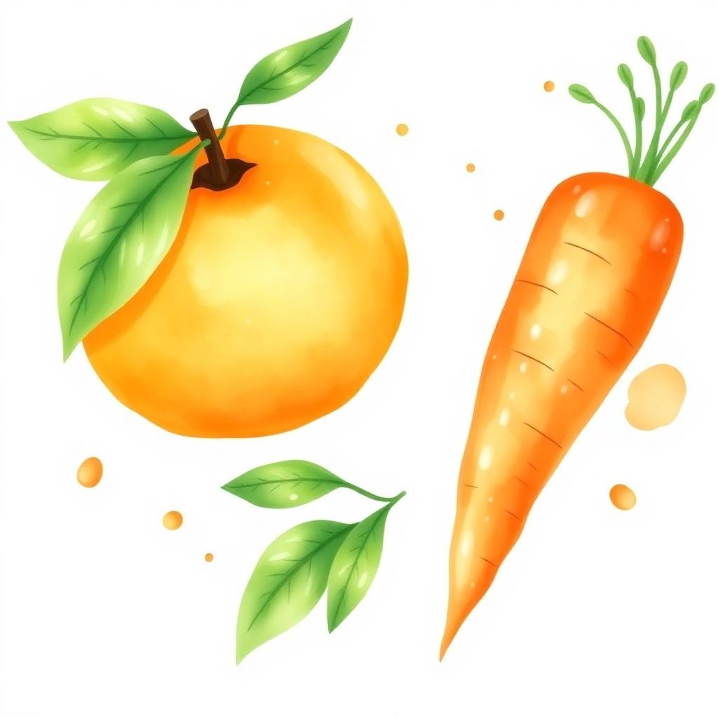 Akwarelowa ilustracja świeżej pomarańczy i marchewki.