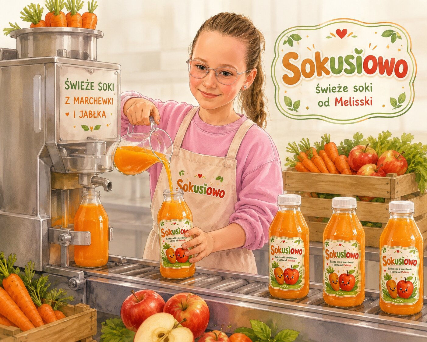 Ilustracja Melisski, założycielki Sokusiowo, z butelką soku w ręce.