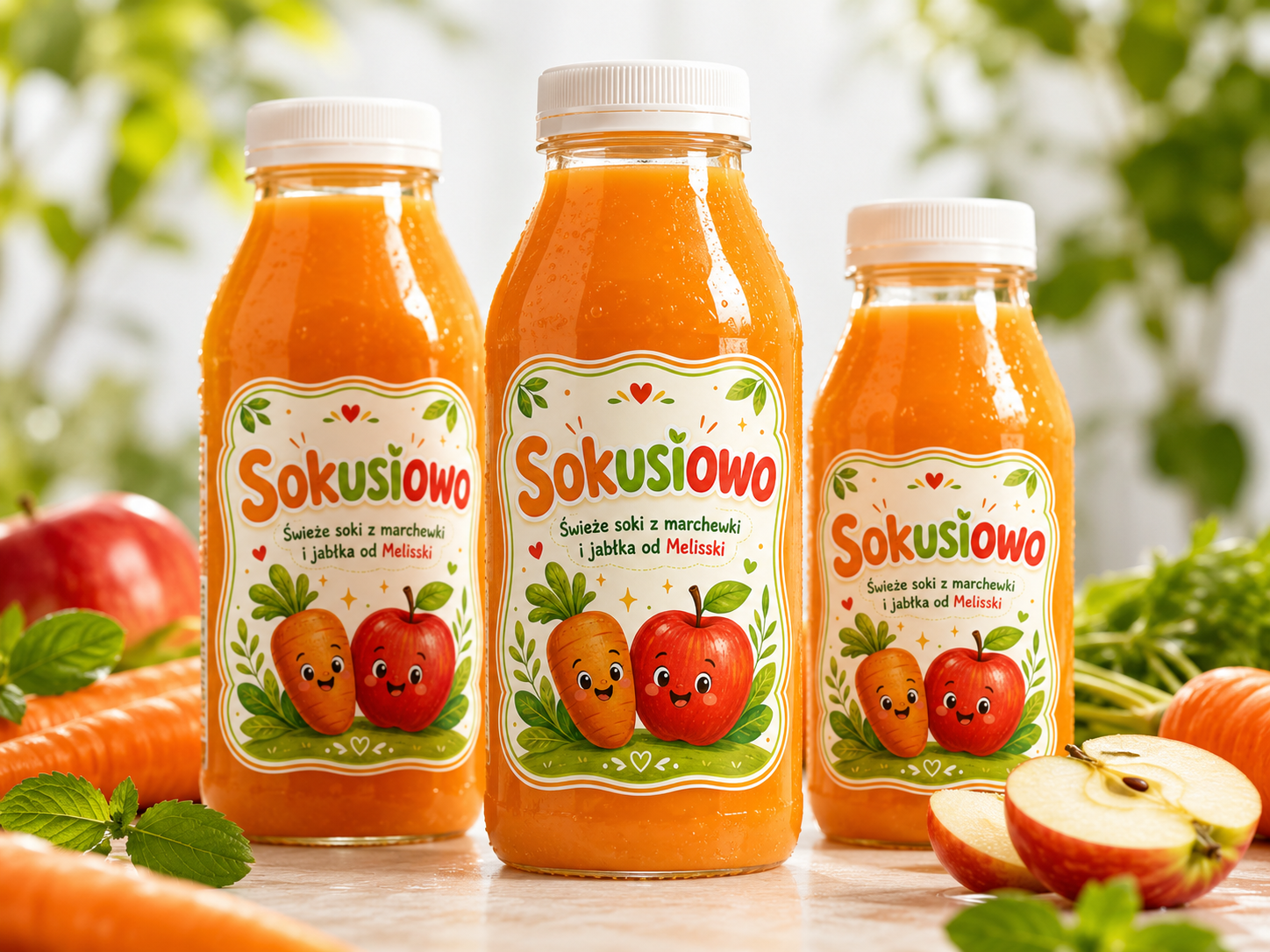 Butelki Sokusiowo z sokiem marchewkowo-jabłkowym.